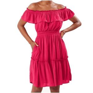 Tommy Bahama Size Small Pink Crinkle Ruffle Off Shoulder Dress
